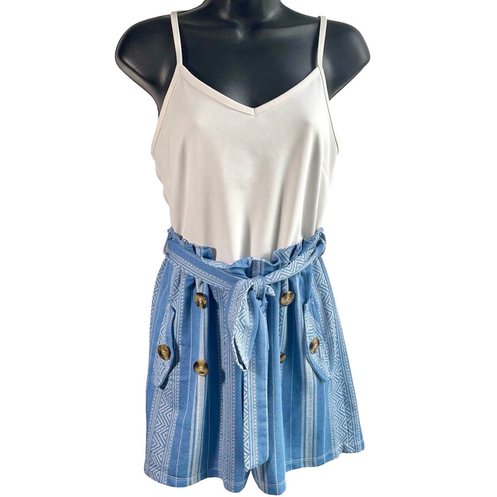 Almost Famous Blue and White V-neck Spaghetti Strap Stretchy Romper Sz M - Picture 2 of 9